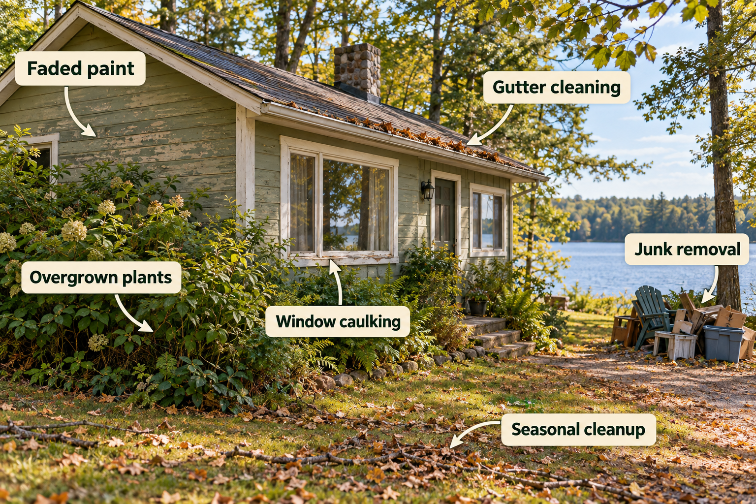 AI-created example of a weathered lakeside cabin. Six arrows identify faded paint, overgrown plants, window caulking, gutter cleaning, junk removal, and seasonal cleanup.