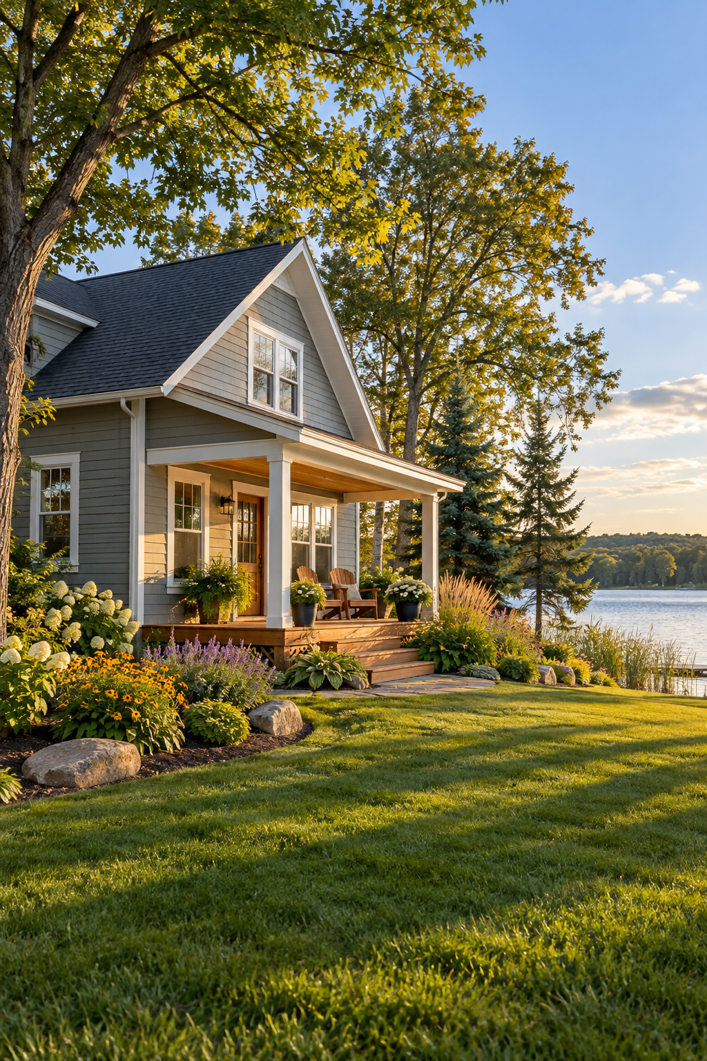 AI-created example of a beautifully maintained Minnesota lake home with a manicured lawn, perennial gardens, mature trees, and a natural lakeshore